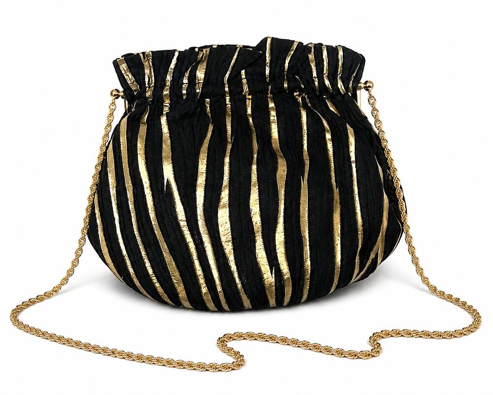 Vintage Black Gold Satin Evening Bag Chain Shoulder Purse Formal Clutch Retro